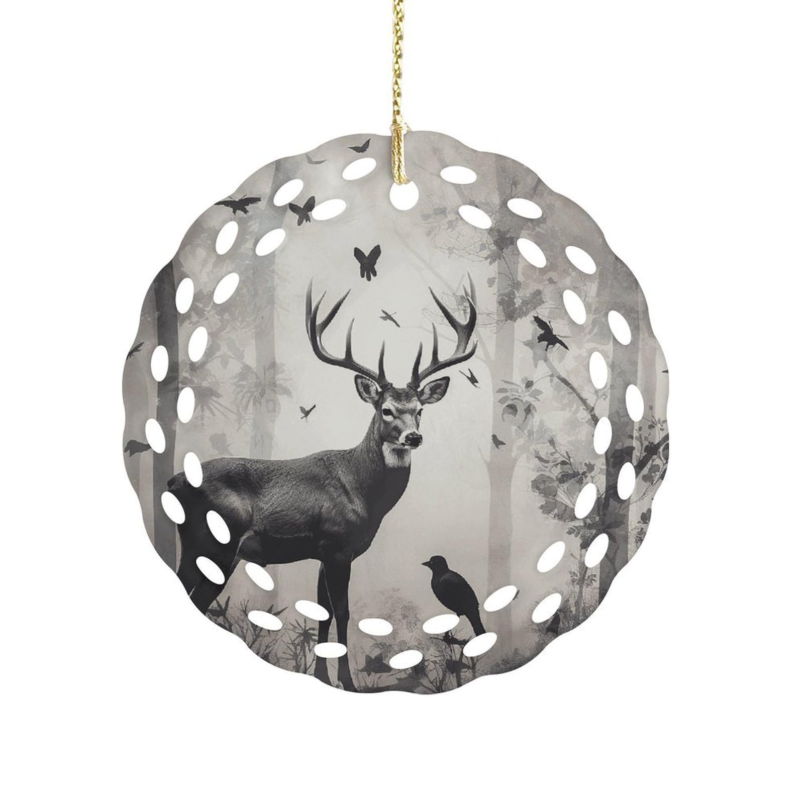 Btcowzrv Style Hunting Silhouette Of Deer Ceramic Ornament,Round Ornaments With Hole Easy To Hang,Hanging Ornament For Wedding Party Home Window Garden Christmas Day Decor