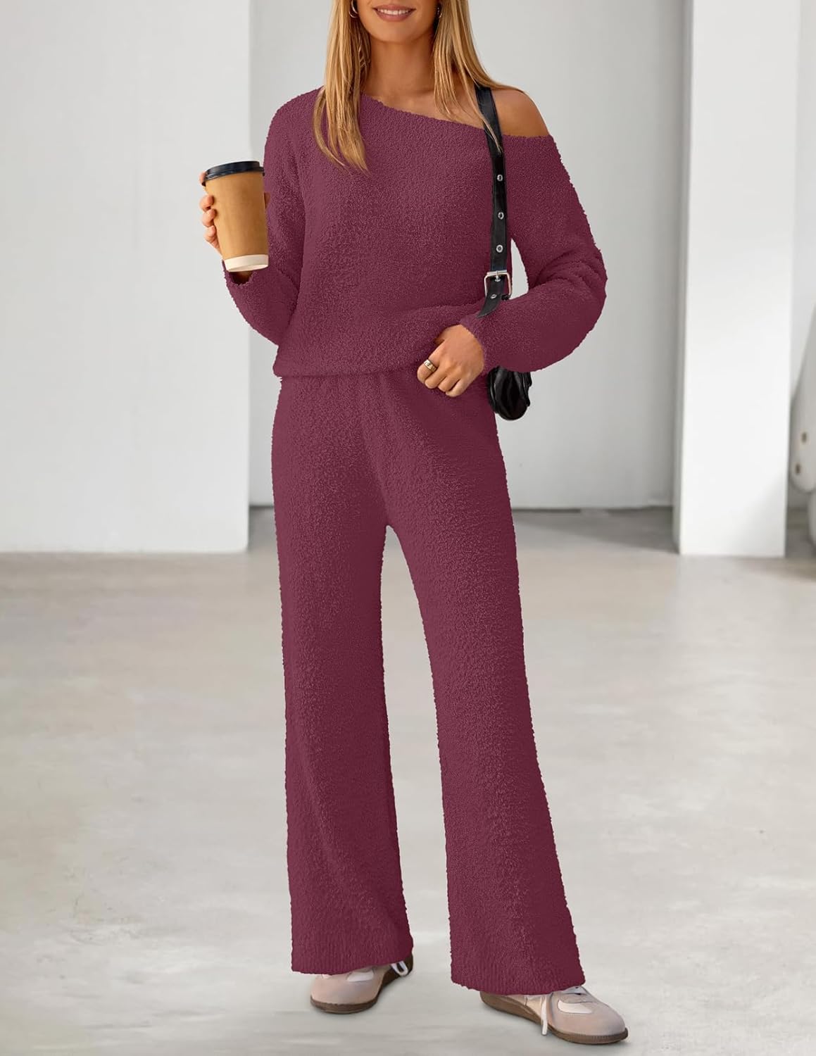 MEROKEETY Women's Fall Pajama Set Fuzzy Fleece 2 Piece Loungewear Off Shoulder Sweater Tops Wide Leg Pants Matching Outfits - Image 3