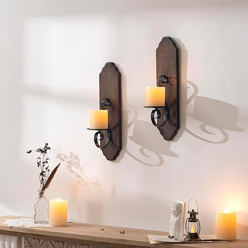 Miniatura 2 de ZOOYOO Candelabros de pared de metal negro y madera, elegantes portavelas de pared de hierro giratorio, candelabros de pared colgantes negros, juego