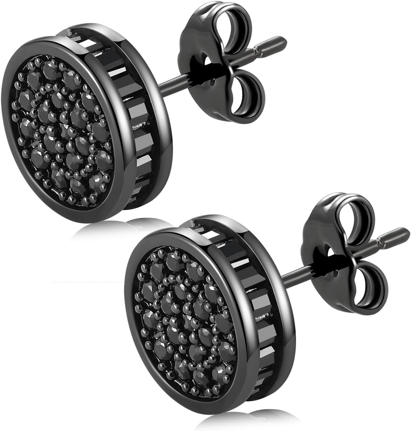 14k Gold Plated Round Circle Mens Inlaid Cubic Zirconia Earrings Hip Hop Iced Out Push Back CZ Stud Earrings for Men