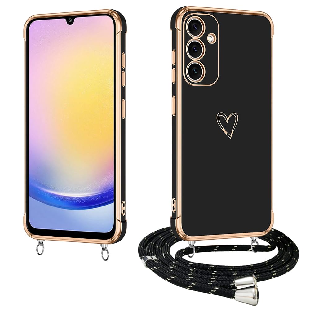 E-Lush Handyhlle fr Samsung Galaxy A25 5G Hlle mit Band, Herz Love  Muster Galvanik Silikon Handy Hlle fr Samsung A25 Schutzhlle mit Kordel  zum Umhngen Kameraschutz Stofeste Case Schwarz: Amazon.de: Elektronik &