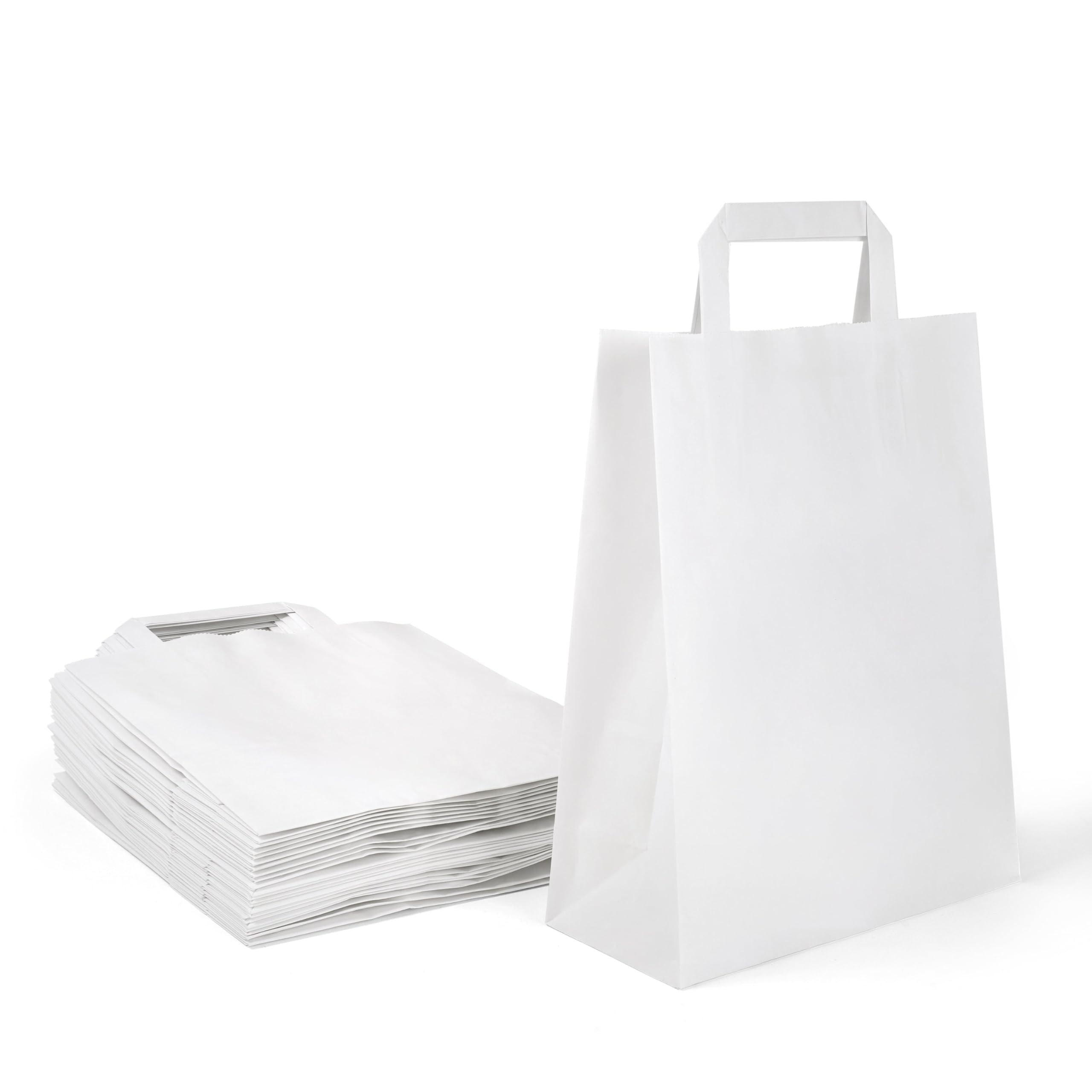 Inoverse Pack of 50 Paper Bags with Handle, Carrierbags, 22 + 10 x 28 inc Giftbags, White Kraft Paper Bag, Small Shoppingbags