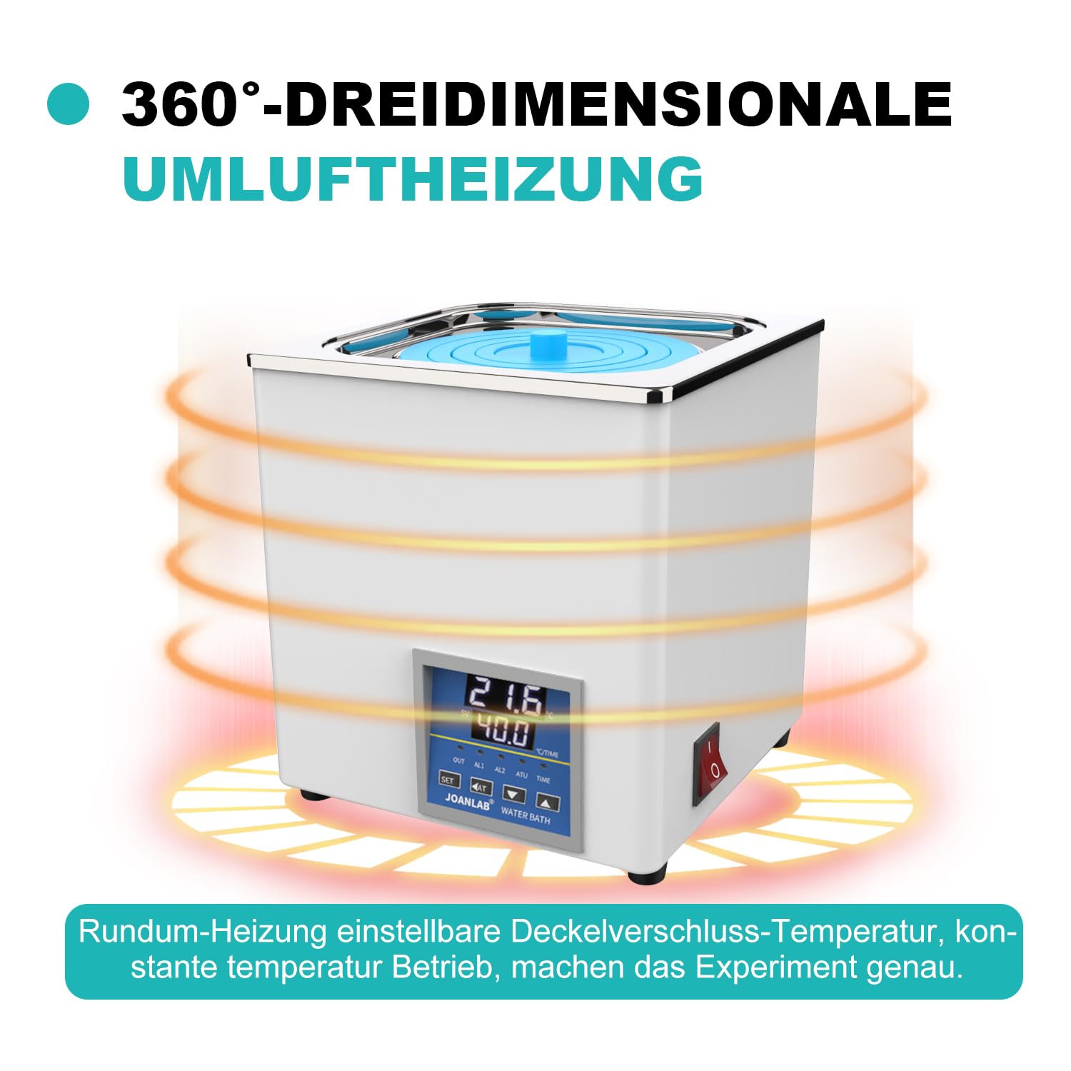 JOANLAB Laborwasserbad 3L, 300W - Einzelöffnung, Edelstahl - Präzises Thermostat ±0,1°C - Timer 0-99 Min - LED Display