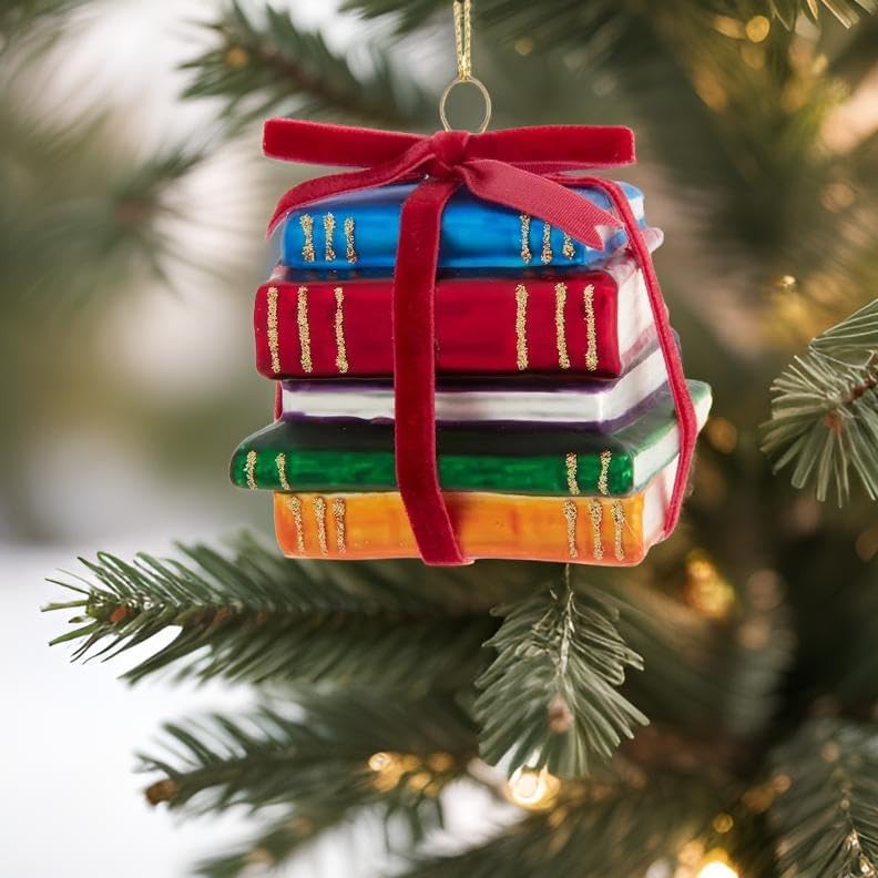 The Bridge Collection ガラススタックオブブックオーナメント - 3インチの本のスタッククリスマスツリーオーナメ