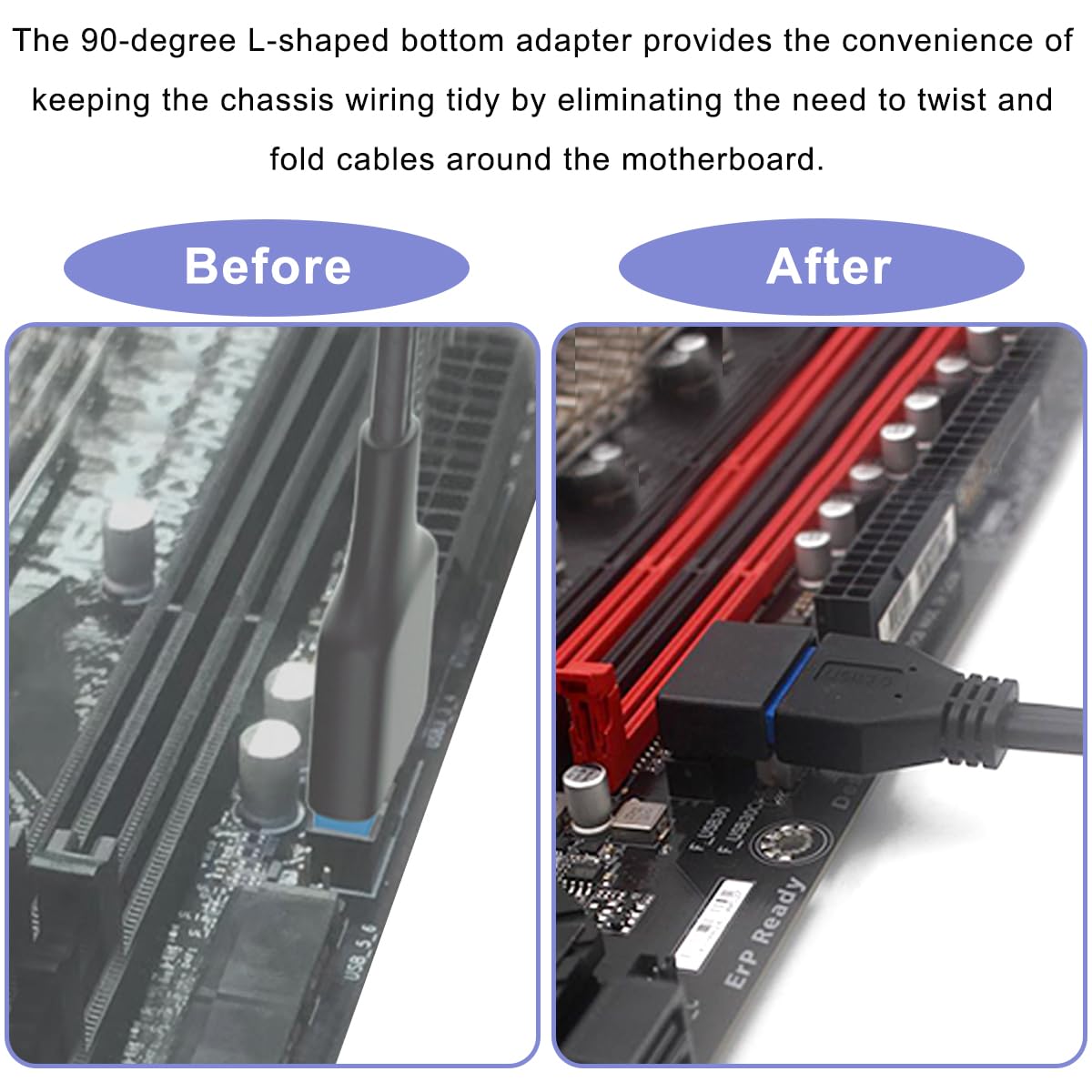 2 szt. Płyta główna USB 3.0 19/20 Pin 90 Degree Adapter, męski do żeńskiego typu L Turn Right Angle Socket Extension Adapter, do płyty głównej komputera stacjonarnego (Header Up Angle PH19A)