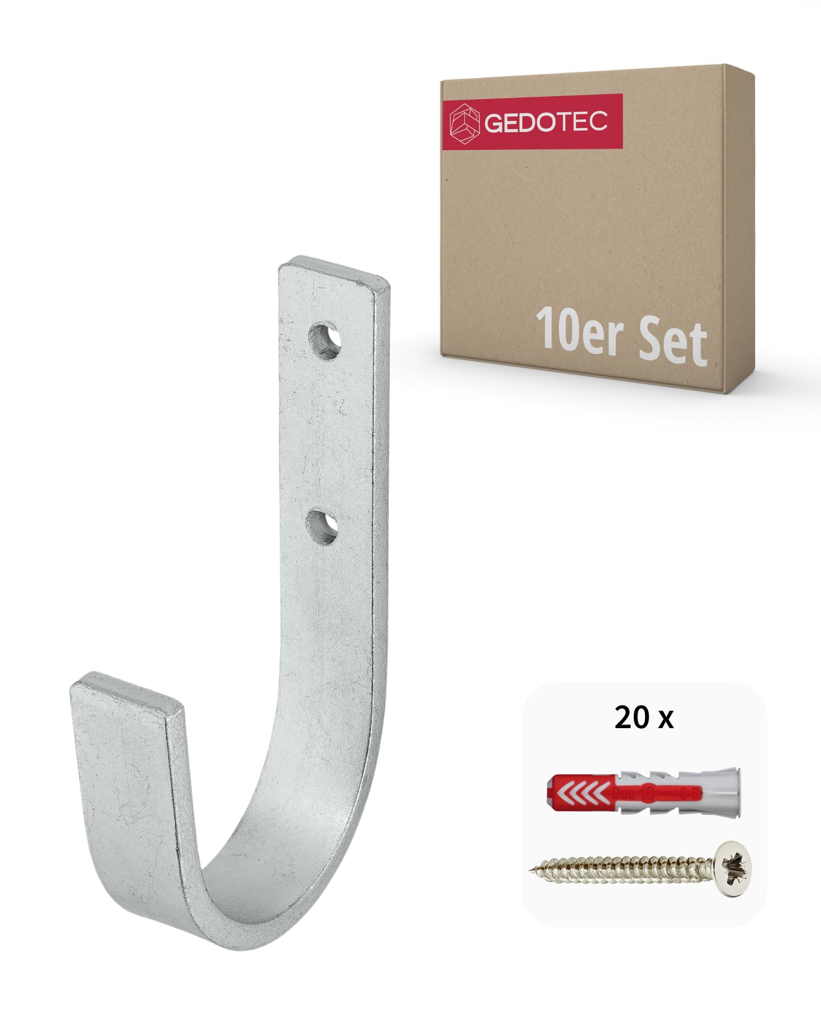 Gedotec Silver Wall Bracket - Galvanized Steel | 10 Pieces Ladder Hooks Curved 55 X 110 Mm | Incl. Fastening Material | All-Purpose Wall Hooks For Screwing