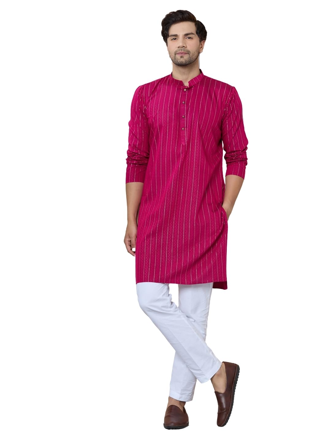 see designs Men's Full Sleeve Mandarin Collar Thread Work Straight Kurta with Pyjama-picture-31