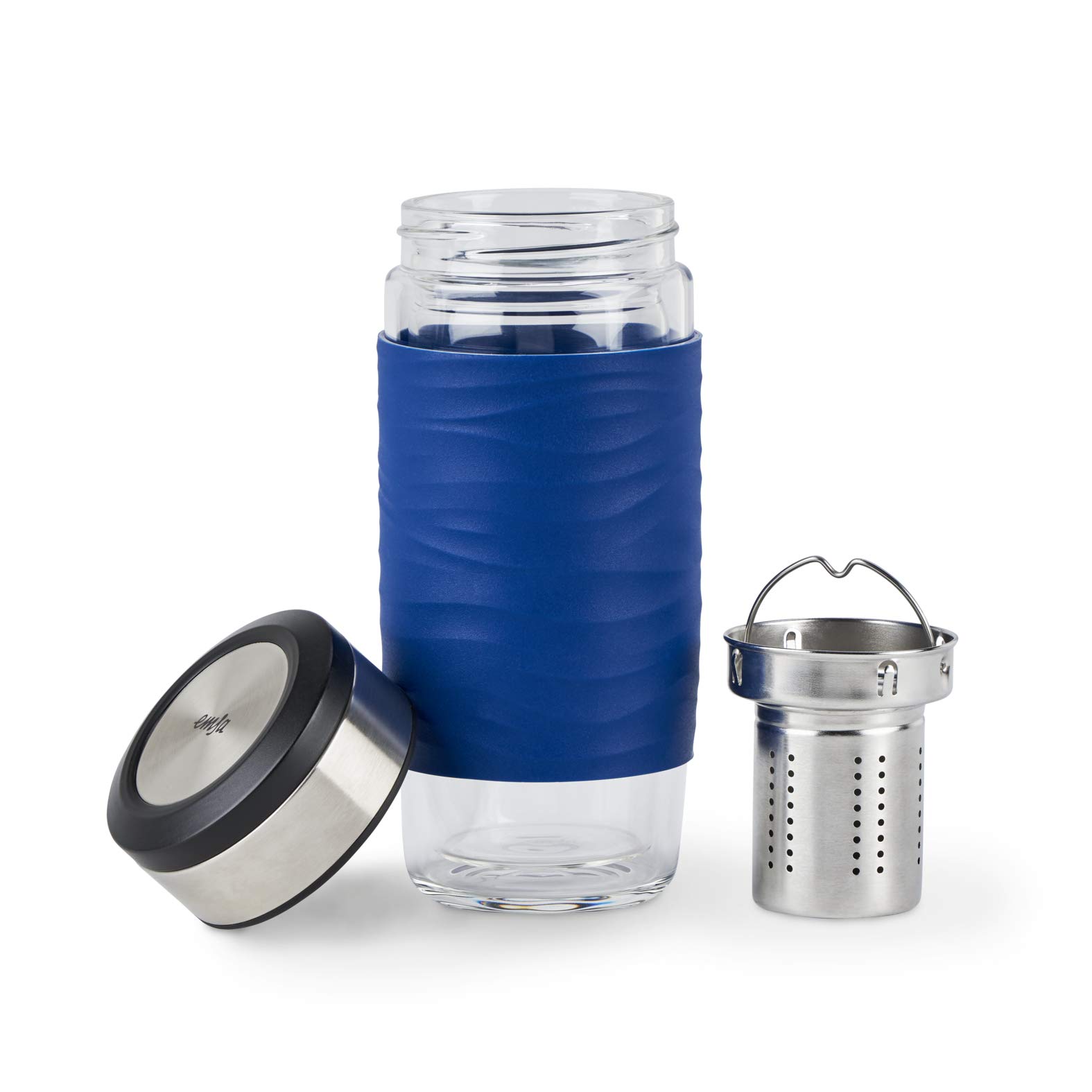 Emsa N20805 Tea Mug - Taza de té de cristal de doble pared | no aislante | mantiene 1 hora de agua | 0,4 litros | colador extraíble | sin BPA | 100% hermético | antigoteo | color azul