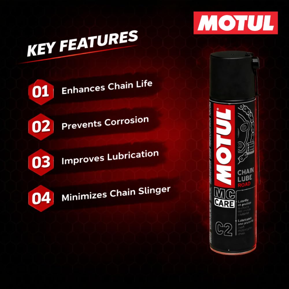 Motul Ketten-Sprühfett für Straßen-Motorräder, Farblos, Geeignet für O-Ring, X-Ring, Z-Ring Ketten, Hochgeschwindigkeitsfest, Wasser- und Salzbeständig, Rostschutz, MC Care Chain Lube Road C2, 400 ml