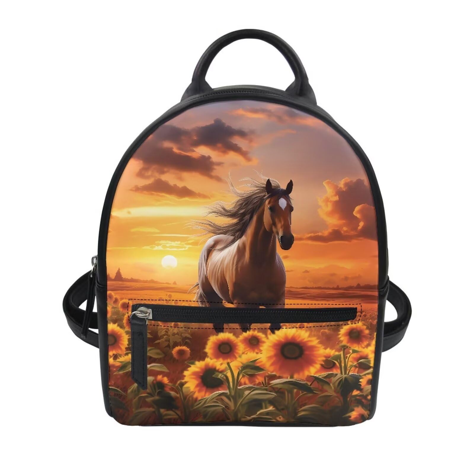 Amzbeauty Horse Sunflower Print Mini Purse Backpack For Women Leather Casual Lightweight Small Daypack Shoulder Bag
