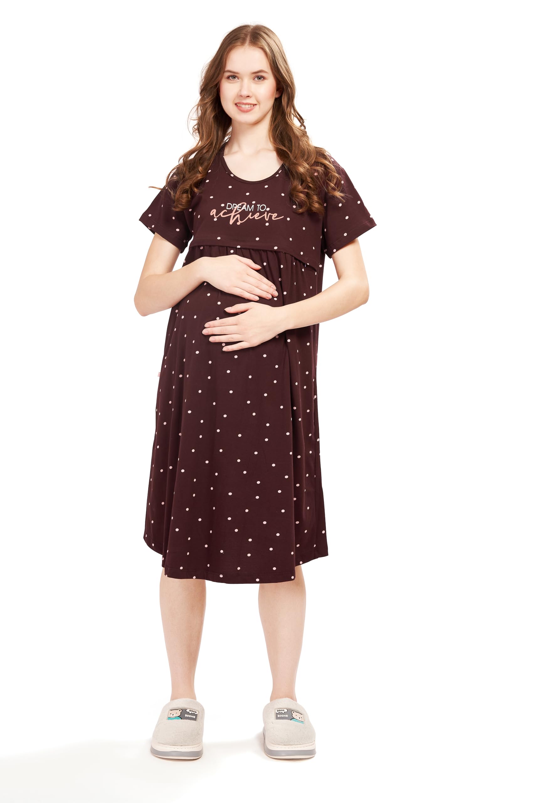Women's Cotton Polka Dots Printed Knee Length Maternity Nighty 9407-image-48