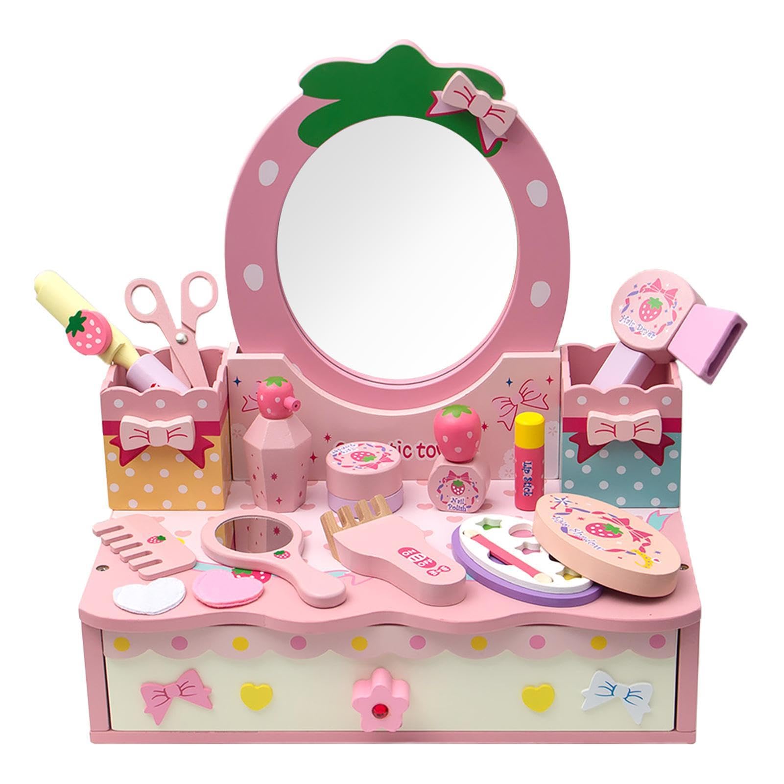 Juego de Juguetes de Maquillaje de Madera – Juego de tocador para niña imaginativo de 14 Piezas con Espejo – Tocador de Maquillaje para niños para Tutorial de Maquillaje, Juguetes de peluquería
