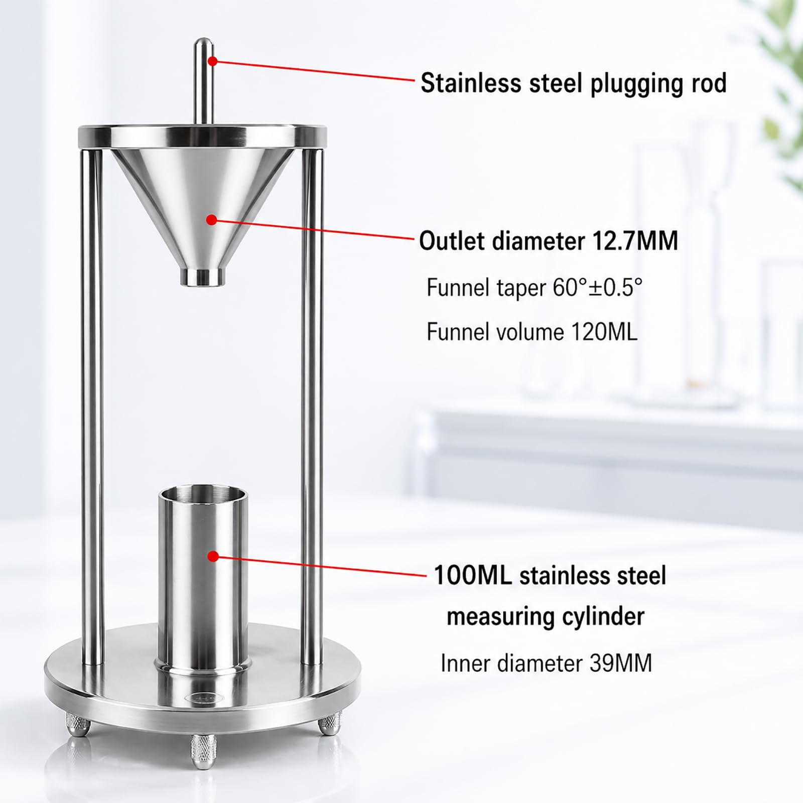 Tester gęstości objętościowej, miernik gęstości proszku ze stali nierdzewnej z cylindrem 100 ml i lejkiem do analizy proszków metalowych i laboratoryjnych - narzędzie do dokładnego pomiaru