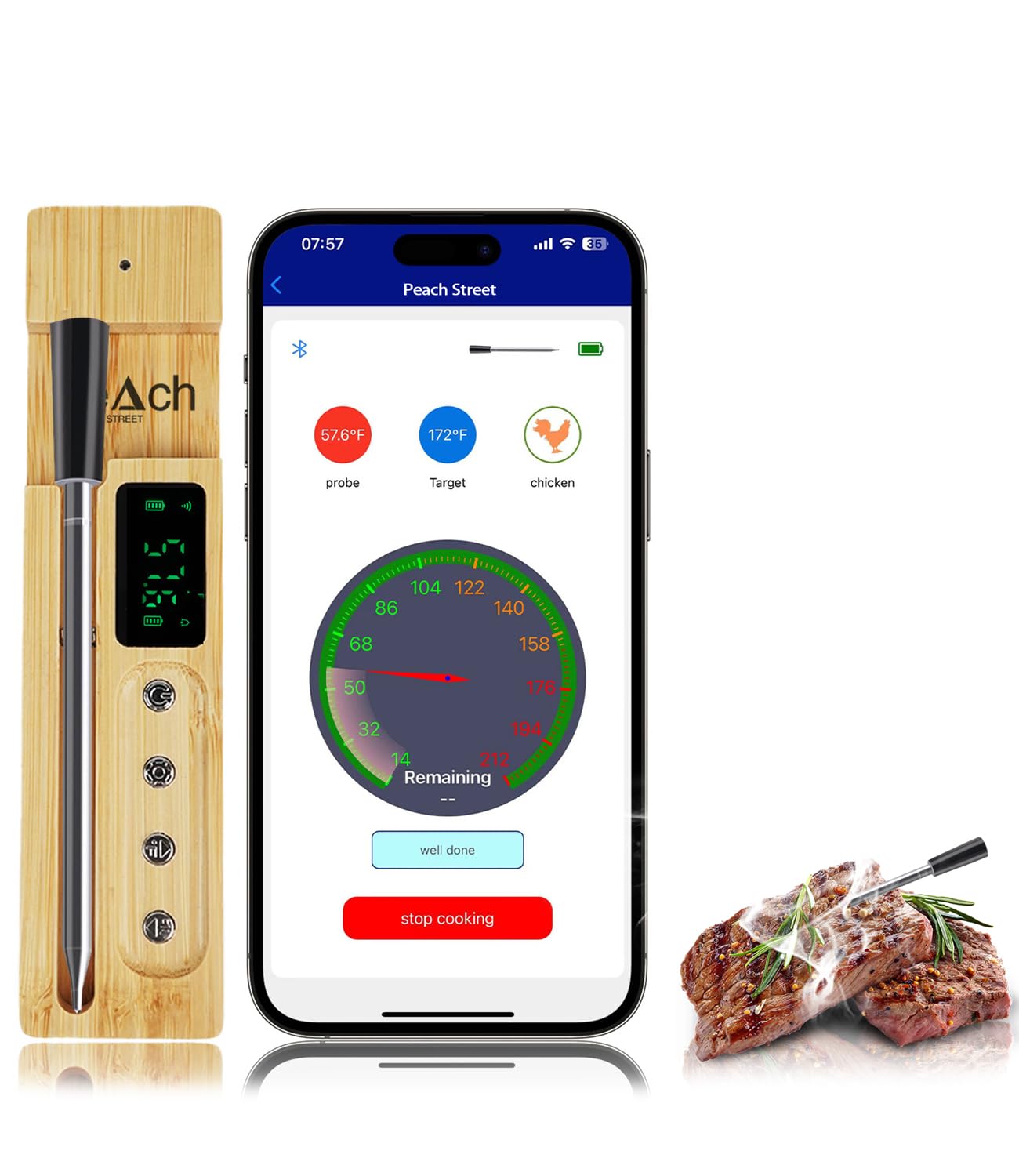 PeachStreet Thermomètre à Viande Intelligent Sans Fil, étanche Ip68,Sonde Ultra-Mince pour Surveiller à Distance Le barbecue,La Cuisson Précise Et Le Barbecue Via Bluetooth et Connexion Numérique WiFi