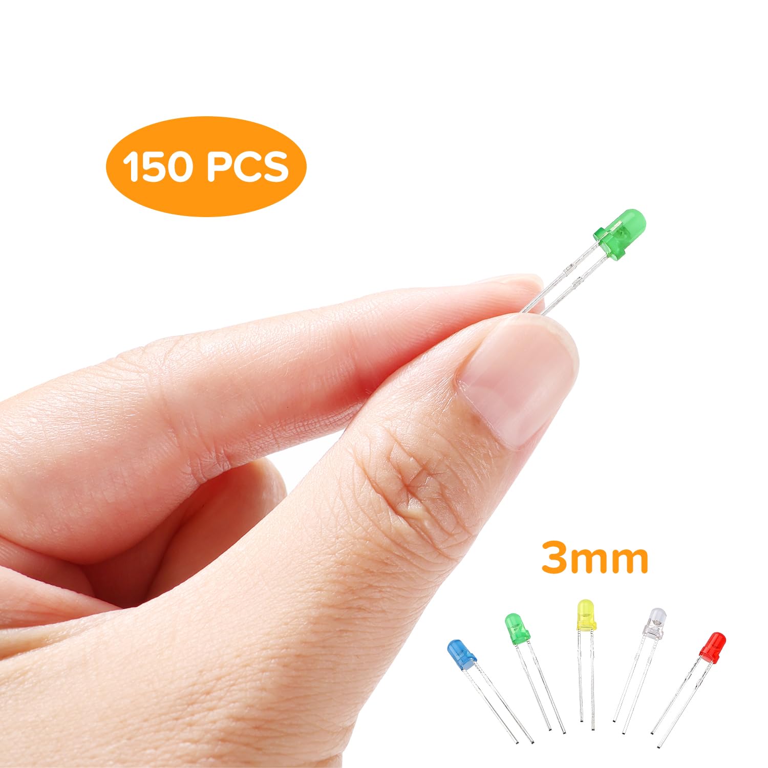 LED Diodo 3mm 2-Pin Testa Rotonda Bianco Rosso Giallo Verde Blu 150 Pezzi