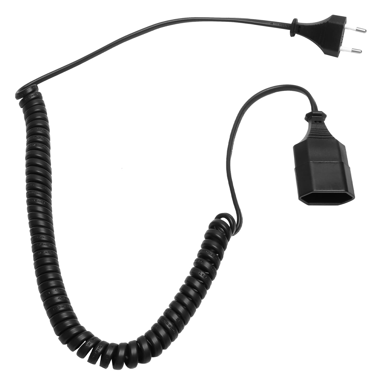 Kabel spiralny przedłużacz, 3 m, 2-żyłowy, wtyczka europejska, płaska wtyczka, do telewizora, konsoli do gier, urządzeń domowych, biura, na zewnątrz, czarny