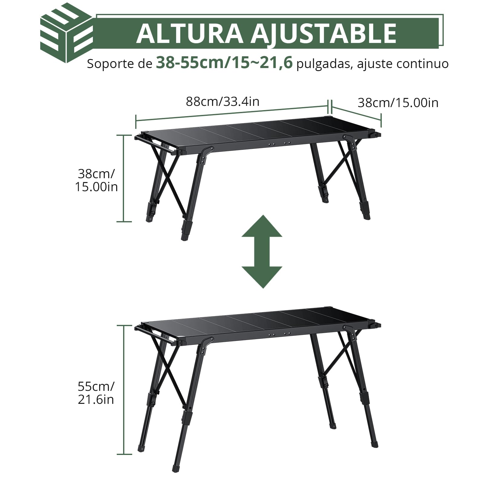 EYPINS Mesa Plegable Camping IGT(3.5 unidades) 88x38cm,Altura Ajustable Continua 38-55cm,con Barra Lateral Colgante,Combina Estufas Parrillas y Cajas de Almacenamiento para Camping Autocaravana Picnic