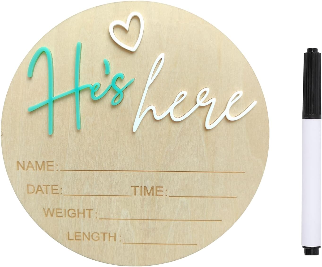 Baby Announcement Sign, ​5.9 Inch Wooden Hello World Newborn Signs, Birth Announcement Sign, Gender Reveal Signs, He's here Decoration, Welcome Newborn Arrival To World (He's,Blue-A)