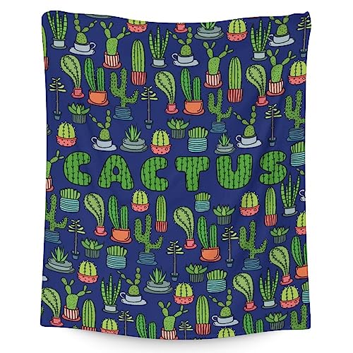 Cactus Throw Blanket - Soft, Fuzzy & Warm - 60x80 Inches Flannel Blankets for Bed, Couch - Dark Blue Aesthetic Throws Gift for Women, Men