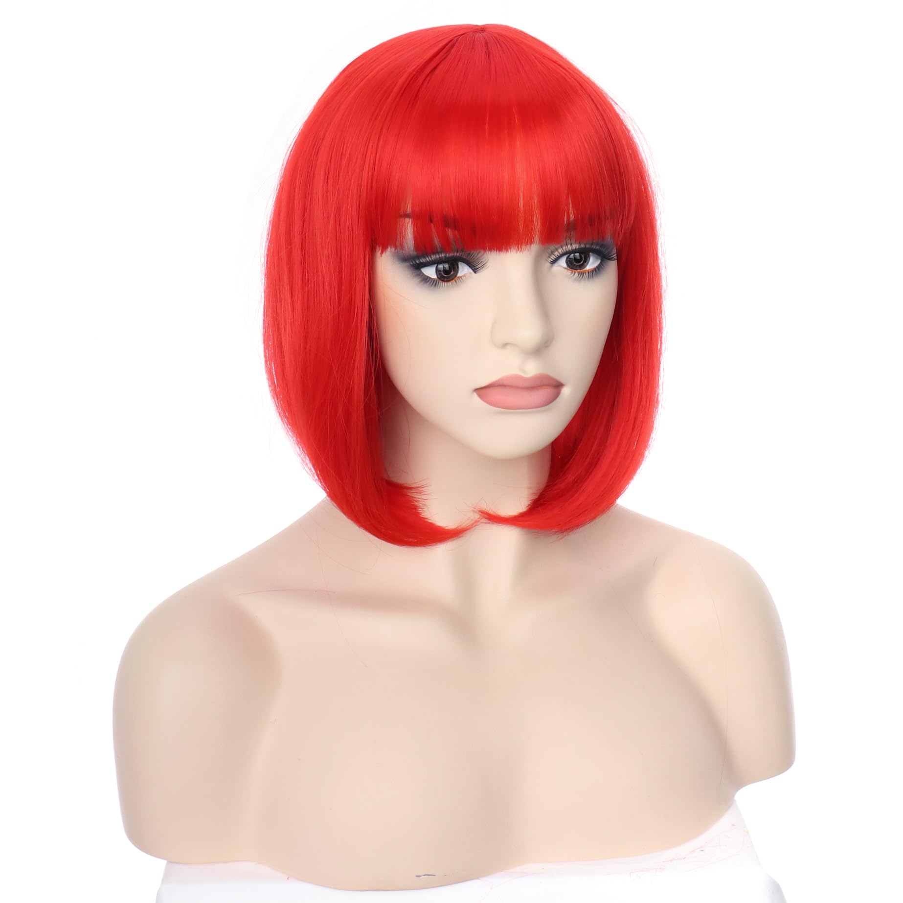PORSMEER Short Hot Red Bob Wigs with Fringe For Unisex Womens Girls Natural Synthetic Hair Colorful Costume Cosplay Wig for Anime Halloween Fancy Dress Party+Wig Cap - Image 4