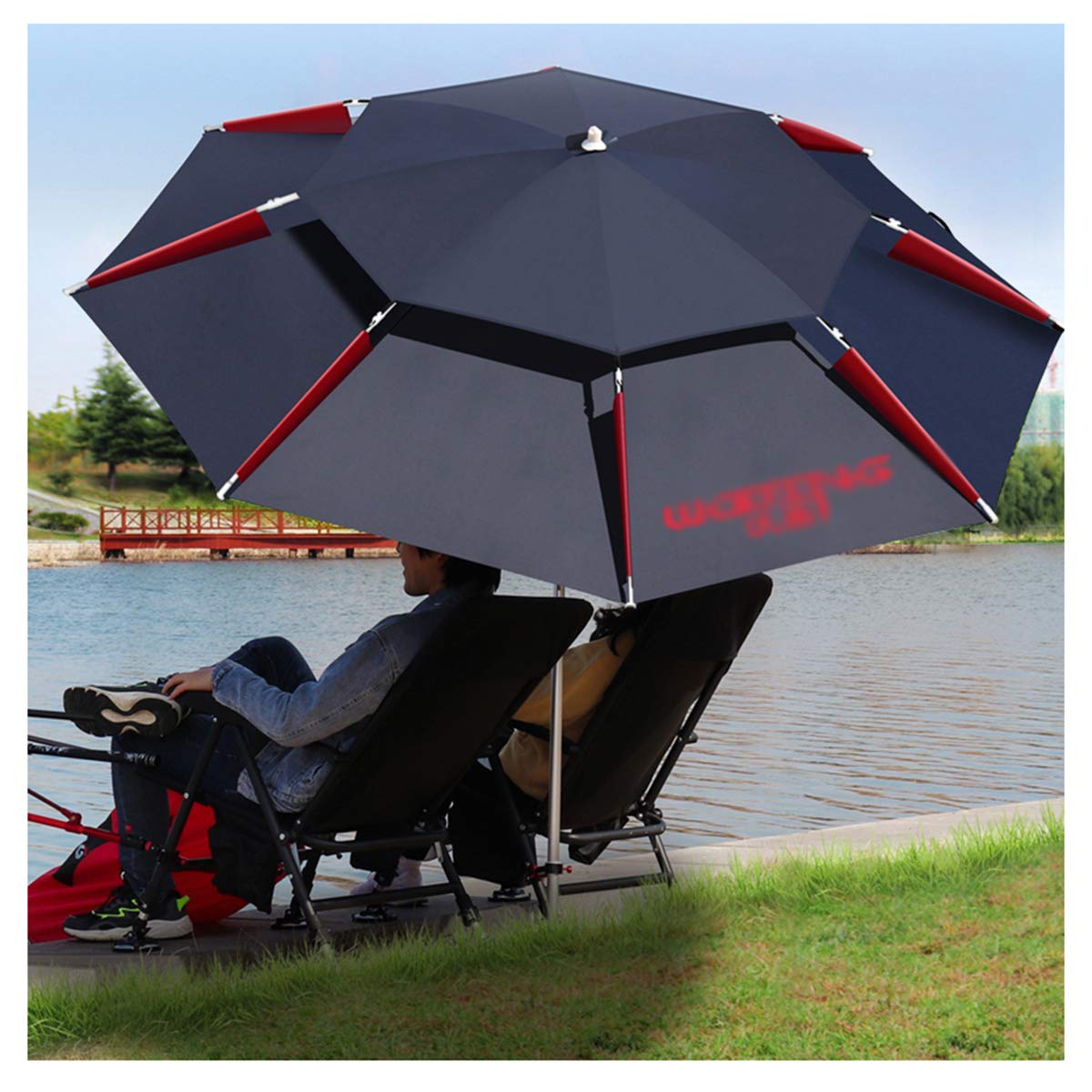 JYCCH Paraguas de Pesca en el jardín 1,8 m ~ 2,6 m Grande con Resorte Universal inclinable + diseño Transpirable de Doble Capa, Playa portátil Impermeable para Acampar (240 cm)