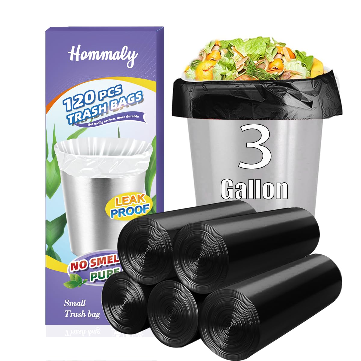 3 Gallon 120pcs Small black Trash Bags(Fit 3-3.2 Gal) Plastic Strong black Garbage Bags,Bathroom Trash Can Bin Liners,Waste Basket Liner,Fit 10-13 Liter, 2.6 Gallon,3 Gallon,3.2Gallon (3-Black120)