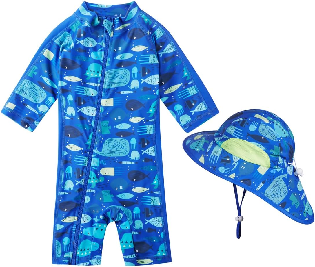 Baby Boy Swimsuit Rash Guard Toddler Sun Protection Swimwear Infant One Piece Bathing Suit with Sun Hat