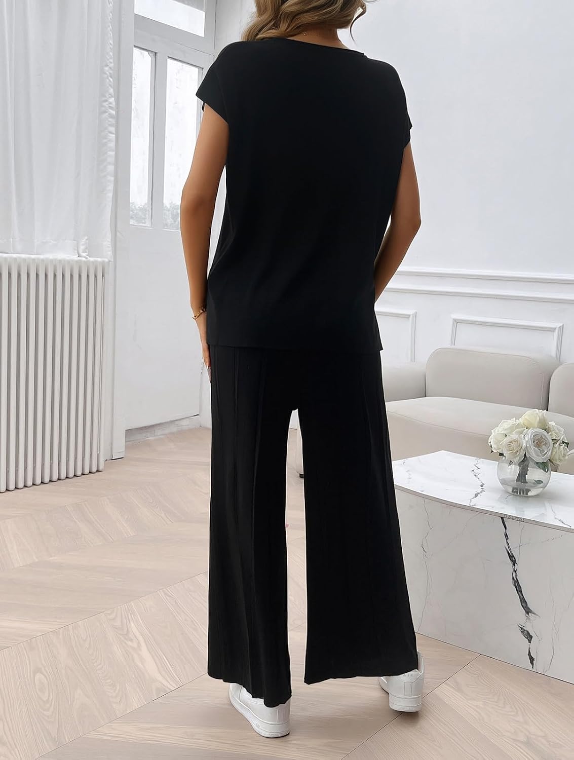 BestWendding Women's Tracksuits 2 Pieces Lounge Sets Knit Sweater Sets Casual Cap Sleeve Tops with Wide Leg Pants