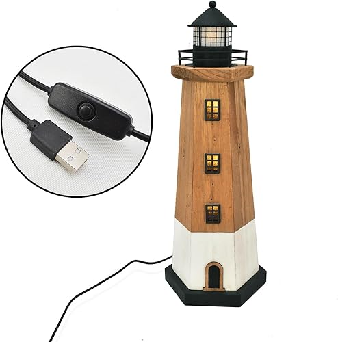 Miniatura 7 de Faro de madera con luz para decoración de playa para el hogar, estatua de faro LED alimentado por USB, escultura de madera, adorno de mesa para