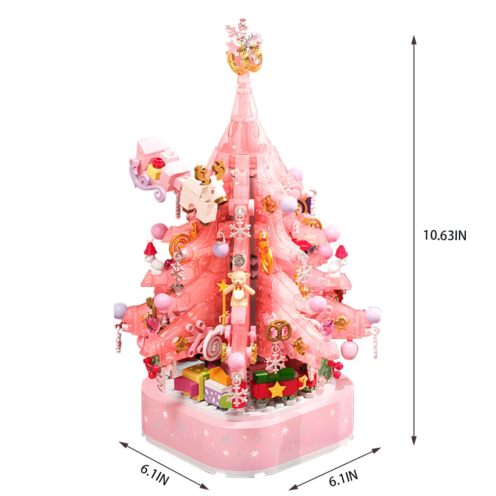Christmas Tree Building Blocks, Christmas Music Box with LED Light Rotating Christmas Bricks Toy for Boys Girls, Pink Christmas Tree
