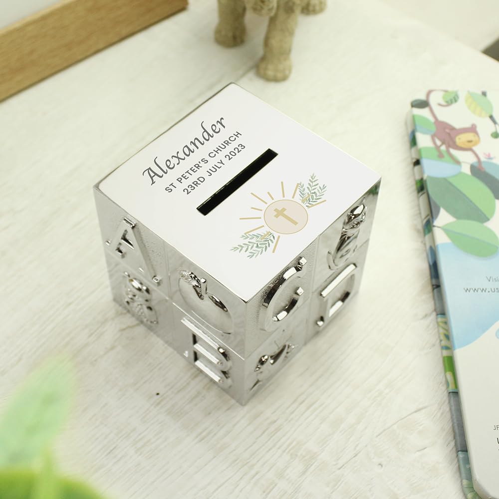 Personalised Memento Silver Custom Personalised Religious Abc Money Box - For Communion, Christening, Baptism, Confirmation