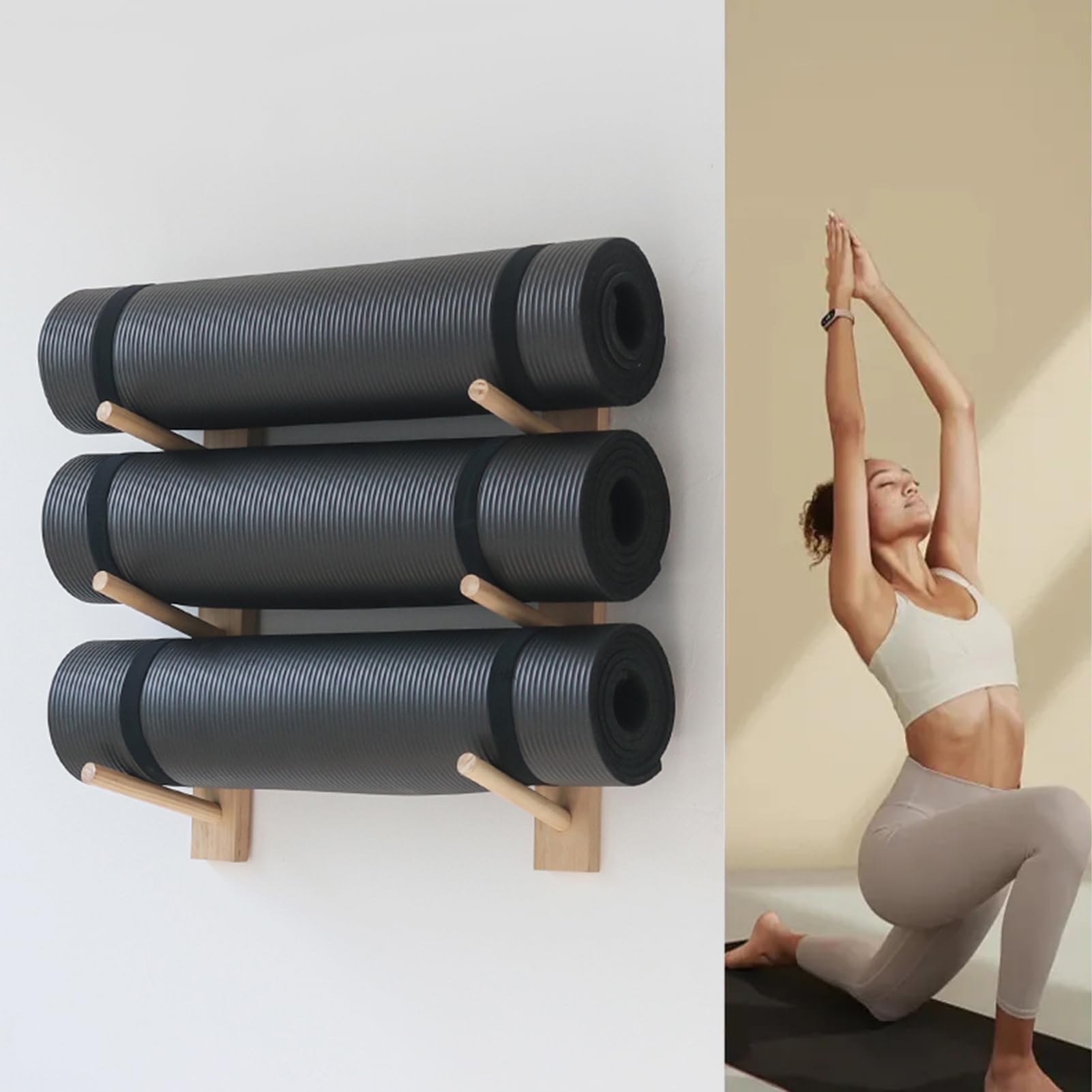 Soporte de madera for esterilla yoga, montaje en pared, for gimnasio casa, organizador, soporte for for sala o decoración