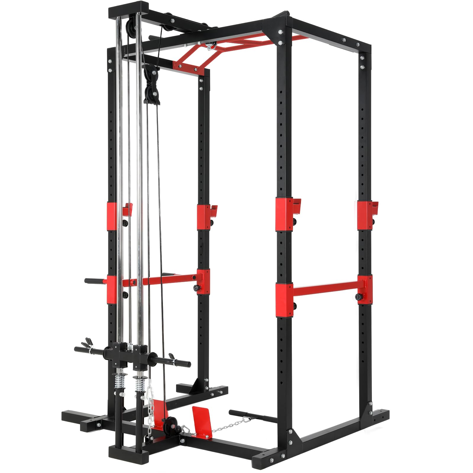 ISE Cage de Musculation Power Rack Cage Squat, Station de Musculation, Barre de Traction et Dips, Barre Multi-Prises et Maintien des Jambes Réglable, Cage Musculation Acier, Rack Musculation