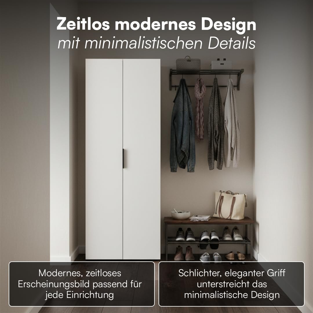 Bellamio Lurio Mehrzweckschrank – weißer Besenschrank aus Holz mit schwarzem Griff – Flurschrank mit 5 Fächern inkl. Staubsaugerfach – Haushaltsschrank – Vorratsschrank – Putzschrank 176 x 33 x 60  cm
