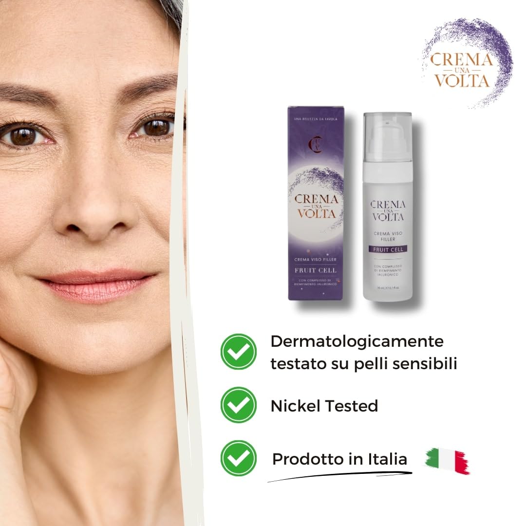 CremaUnaVolta Crema Viso Filler - Fruit Cell - con Acido Ialuronico e Cellule Vegetali – Idratante, Anti-età, Rimpolpante e Illuminante – Pelle Secca, Sensibile e Spenta – 30 ml