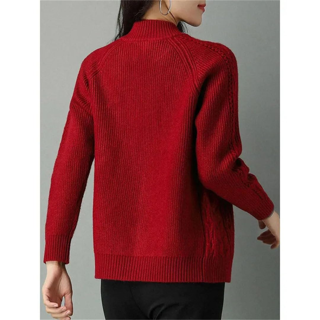 Ownwfeat Maglione Intrecciato con Zip A Mezzo Collo Alto da Donna con Cappotto A Maniche Lunghe Larghe.