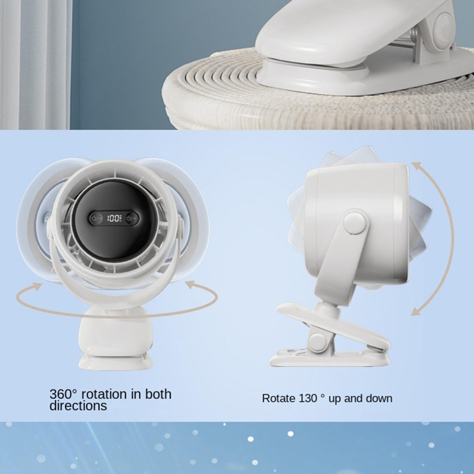 Ventilatore a Clip Ricaricabile 100 Velocità Con Luce Notturna | Ventilatore mini portatile con display LED per casa camera ufficio scrivania auto camper viaggio campeggio esterno spiaggia