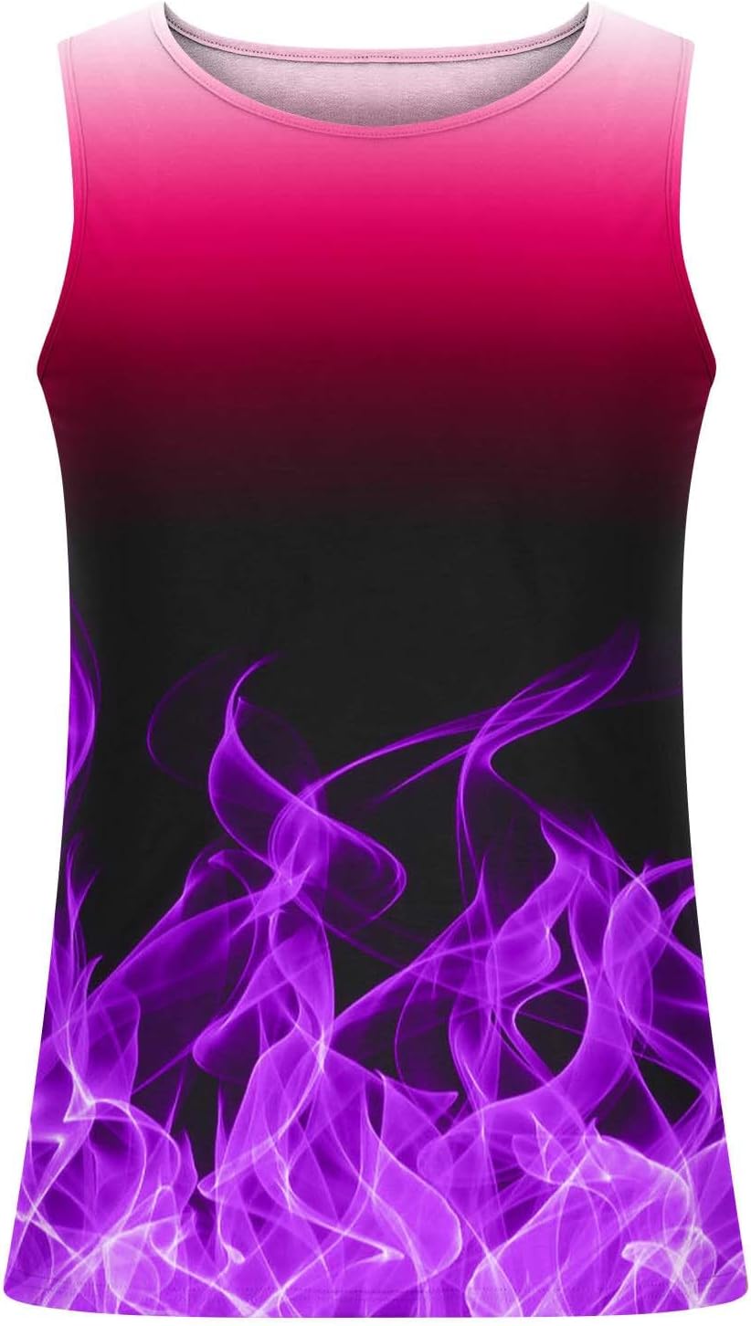Tank Tops Men Flame Print Tank Top Summer Casual Sleeveless Crewneck T-Shirt Muscle Shirt for Gym Fitness Workout Gradient