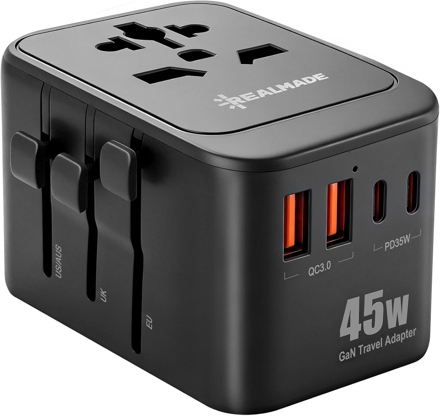 Realmade 45W GaN Universal Travel Adapter with PD Fast Charging，European Travel Plug Adapter 5-Port (1 AC/2 USB-A/2 USB-C) Worldwide Travel Essentials, International Power Adapter for UK/US/AU