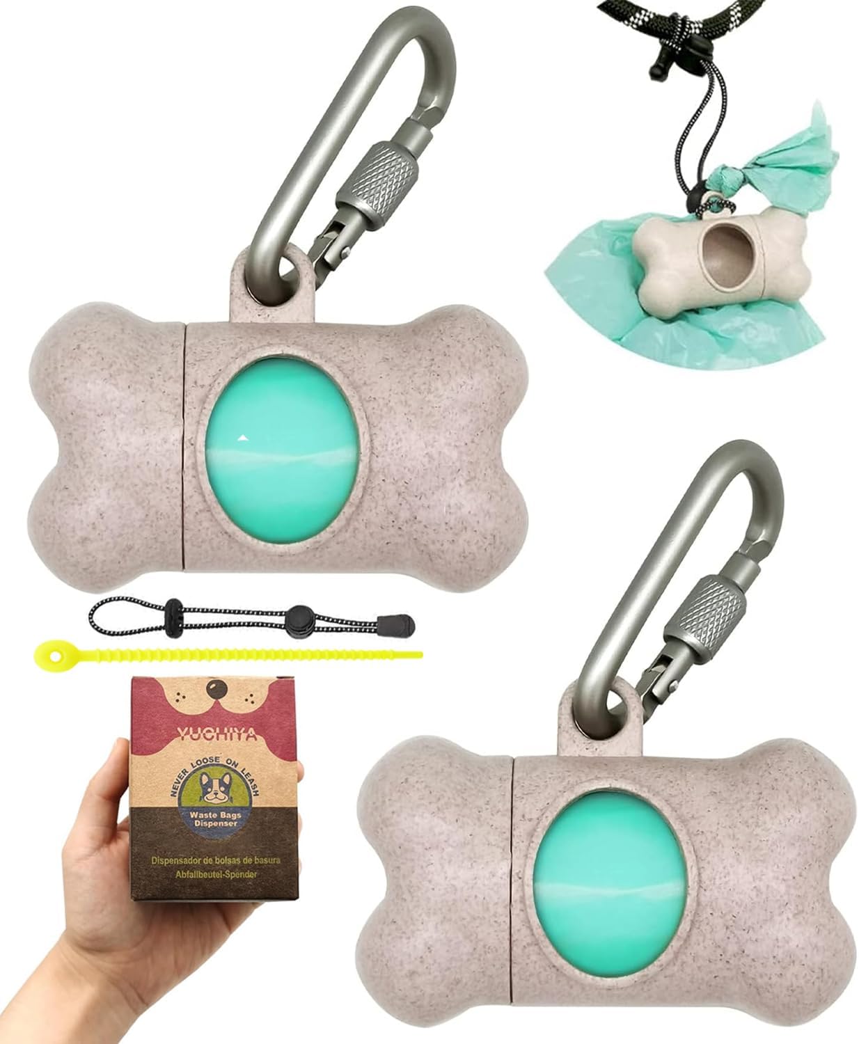 Dog Poop Pickup Bags Holder Dispenser with Standard-Sized Leak-Proof Scented Doggy Waste Bags and Carabiner with Safety Lock&Fastener Never Loose on Leash Lead Again (2 Holders 30 Bags, Beige)