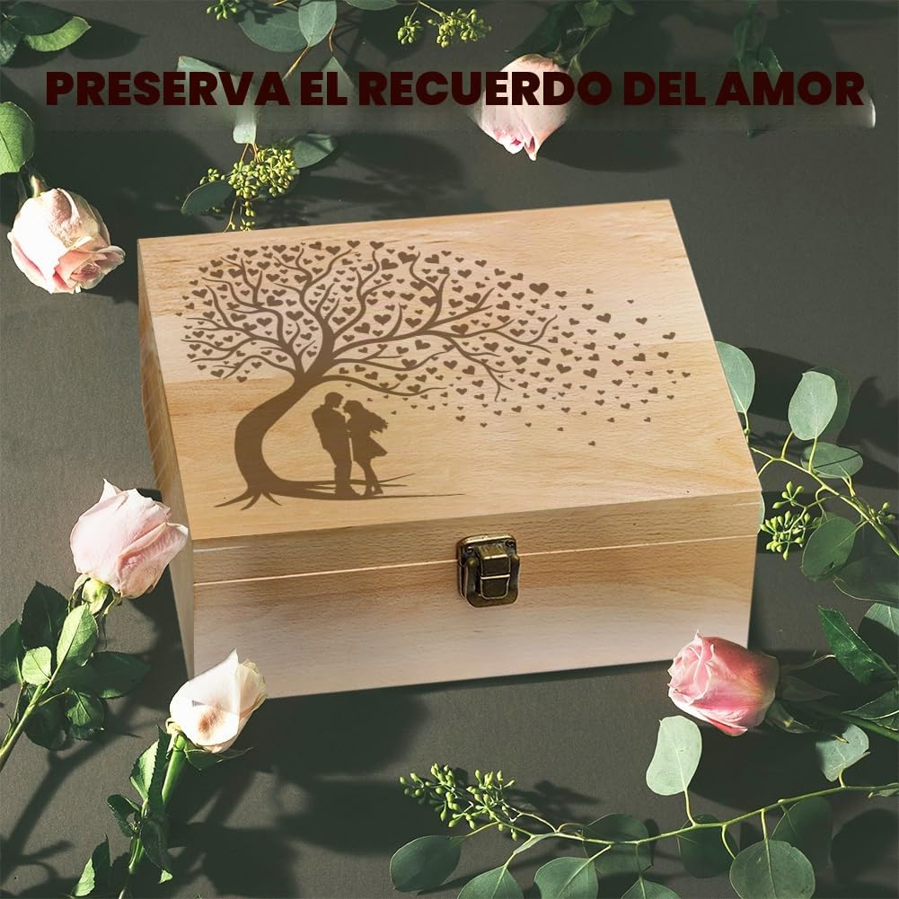 Arricraft Caja de recuerdo de madera para recuerdos, caja de árbol con tapa con cierre de tapa para guardar fotos, cartas, bodas, San Valentín, 7.6 x 9.6 x 4 pulgadas (19.5 x 24.5 x 10.3 cm)