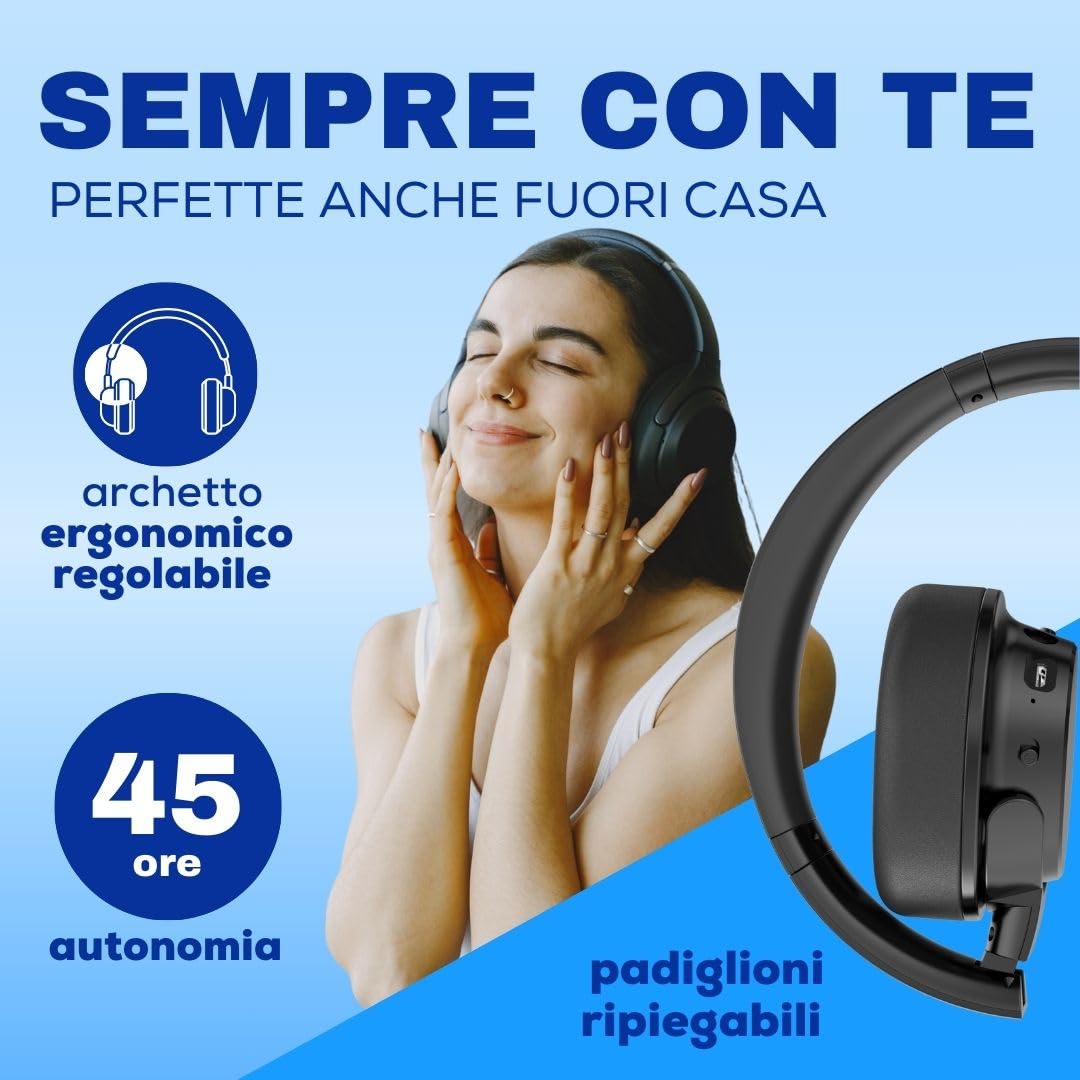 SAIET Cuffie Bluetooth con Amplificazione Audio per TV, Musica e PC | Cuffie Crystal Sound a Bassa Latenza, Fino a 45 Ore di Autonomia con Base di Ricarica, Facili da Usare, Design Ergonomico