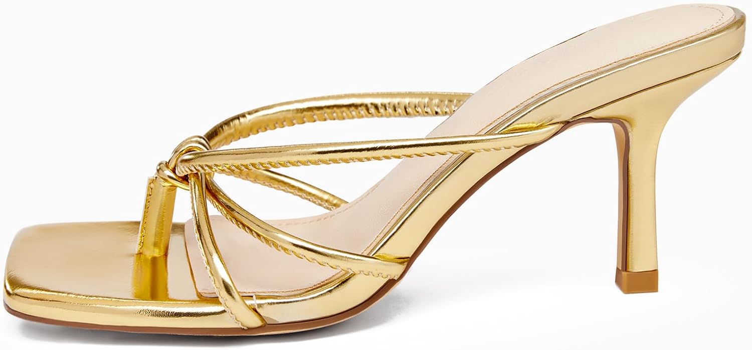 LAICIGO Women’s Square Open Toe Flip Flops Stiletto Heels Strappy Thong Slide on Slingback Mules Sandals - Image 4