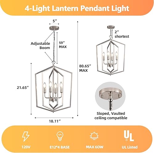 Miniatura 9 de Lámpara colgante de 4 luces, moderna lámpara de entrada de granja, acabado negro mate, lámpara colgante para dormitorio, comedor, vestíbulo, pasillo.