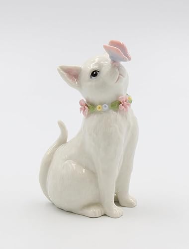 Miniatura 2 de Cosmos Gifts 11004 Gato de porcelana blanca con soporte para anillo de flores, 2 34 "x 2" x 4 12" H