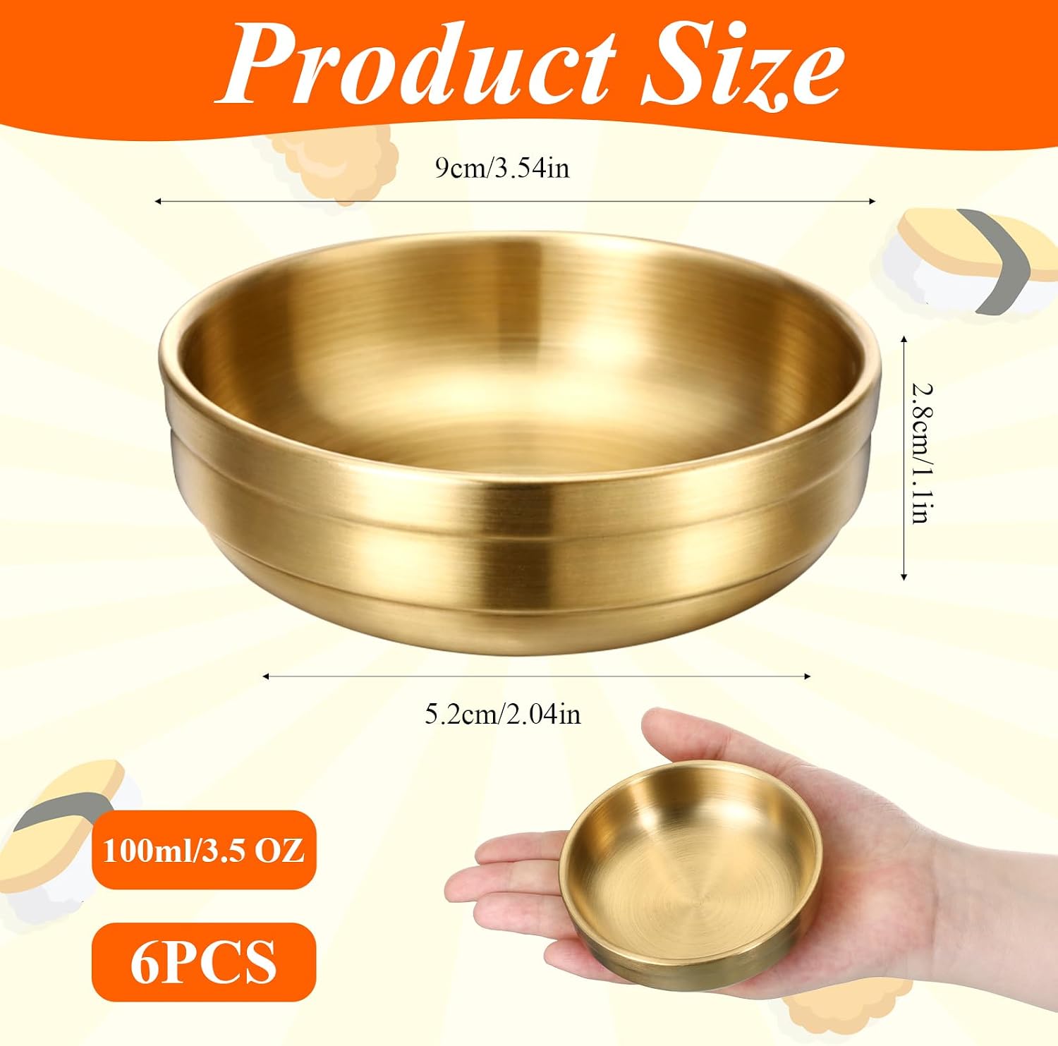 6 Pcs 3.54 Inch Mini Stainless Steel Sauce Dishes Round Seasoning Dishes 304 Stainless Steel Dipping Sauce Bowls Appetizer Plates Mini Individual Saucers Bowl for Vinegar, Ketchup (Double-Deck)