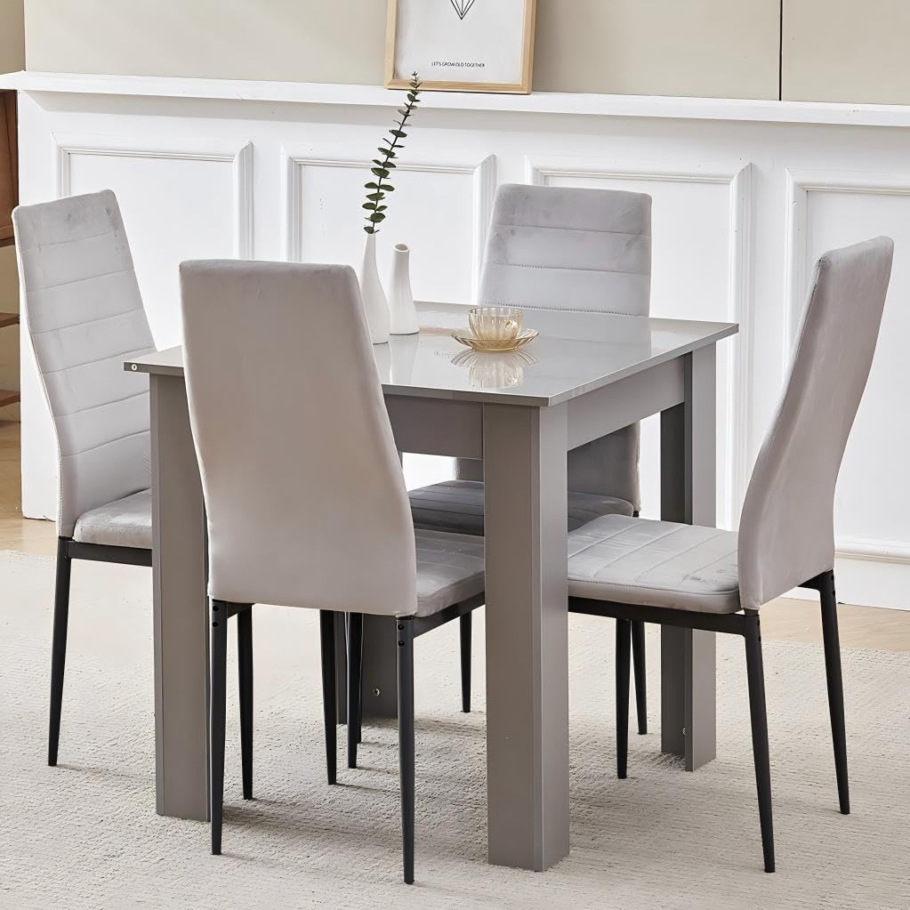 Homullel 75x75 cm Small Dining Table and 4 Chairs, 4 Seater Table and Chairs Set Kitchen Dining Room Set for 4, Compact, Space Saving, Wooden, Glossing Tabletop Grey (4 Seats, Flannel Grey #1)