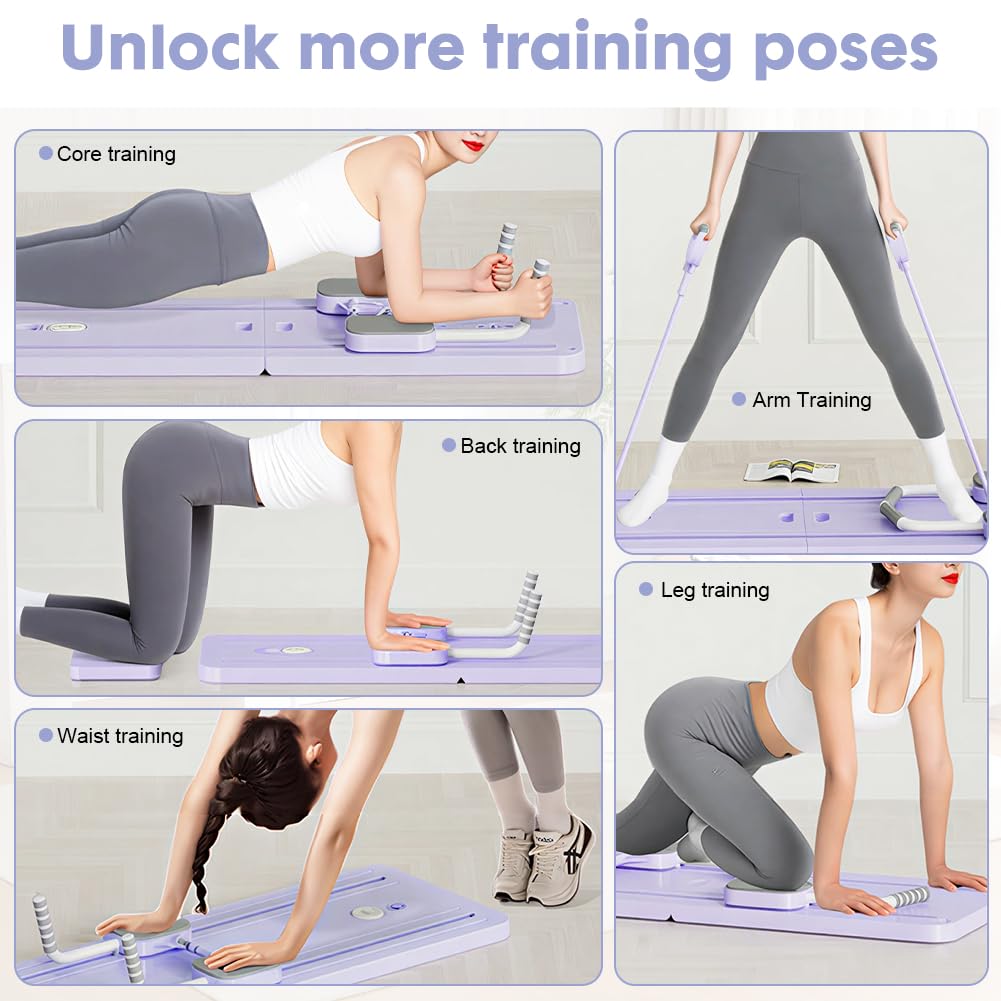 LOMUG Planche de pilates pour abdominaux pour la maison, kit de pilates, appareil de fitness pliable, appareil d'entraînement du ventre avec rebond automatique et corde de tension, pour débutants et