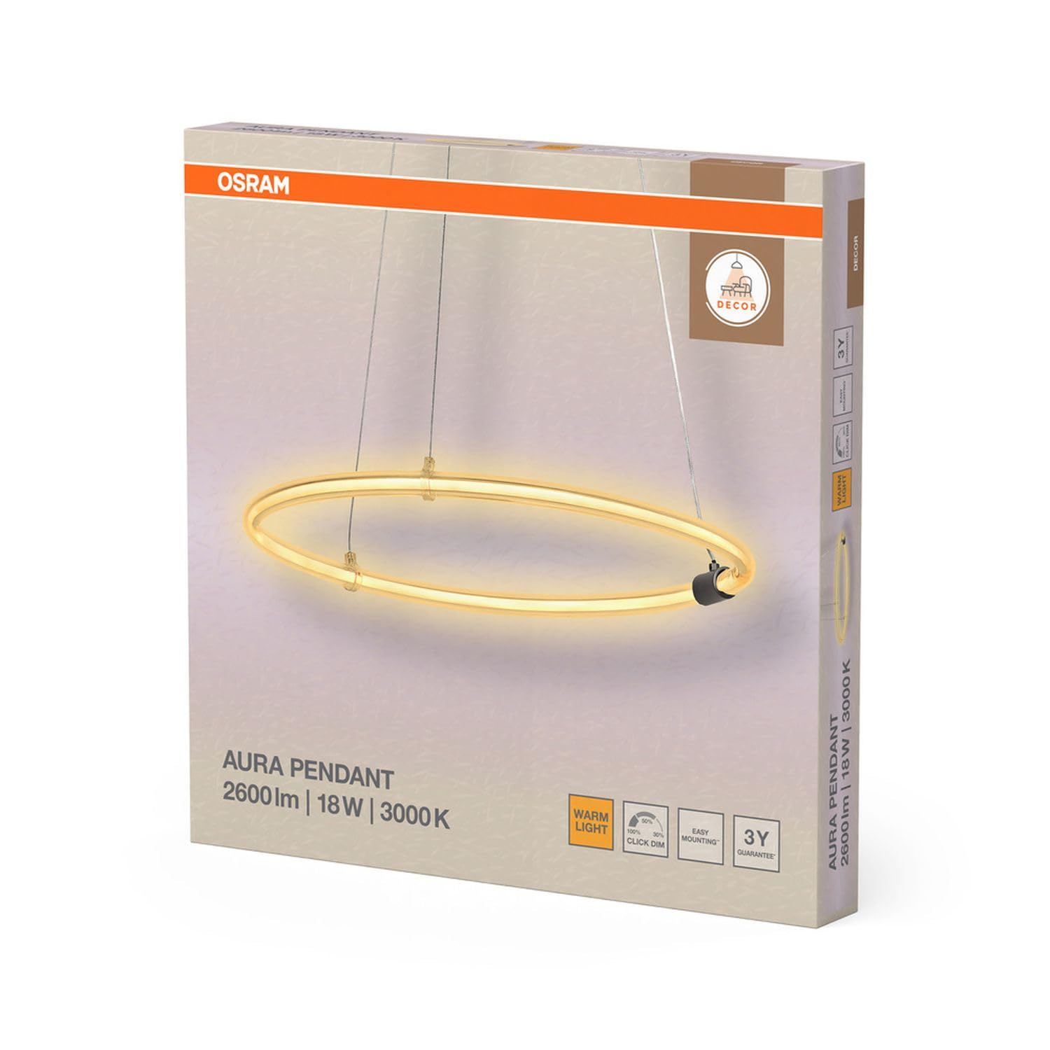 Osram Decor Aura - Lampadario a sospensione in policarbonato curvo con LED e filamento, 18 W, 2000 lm, 3000 K, 830 luce bianca calda, dimmerabile, grigio scuro, plastica (PC), 498 mm, IP20
