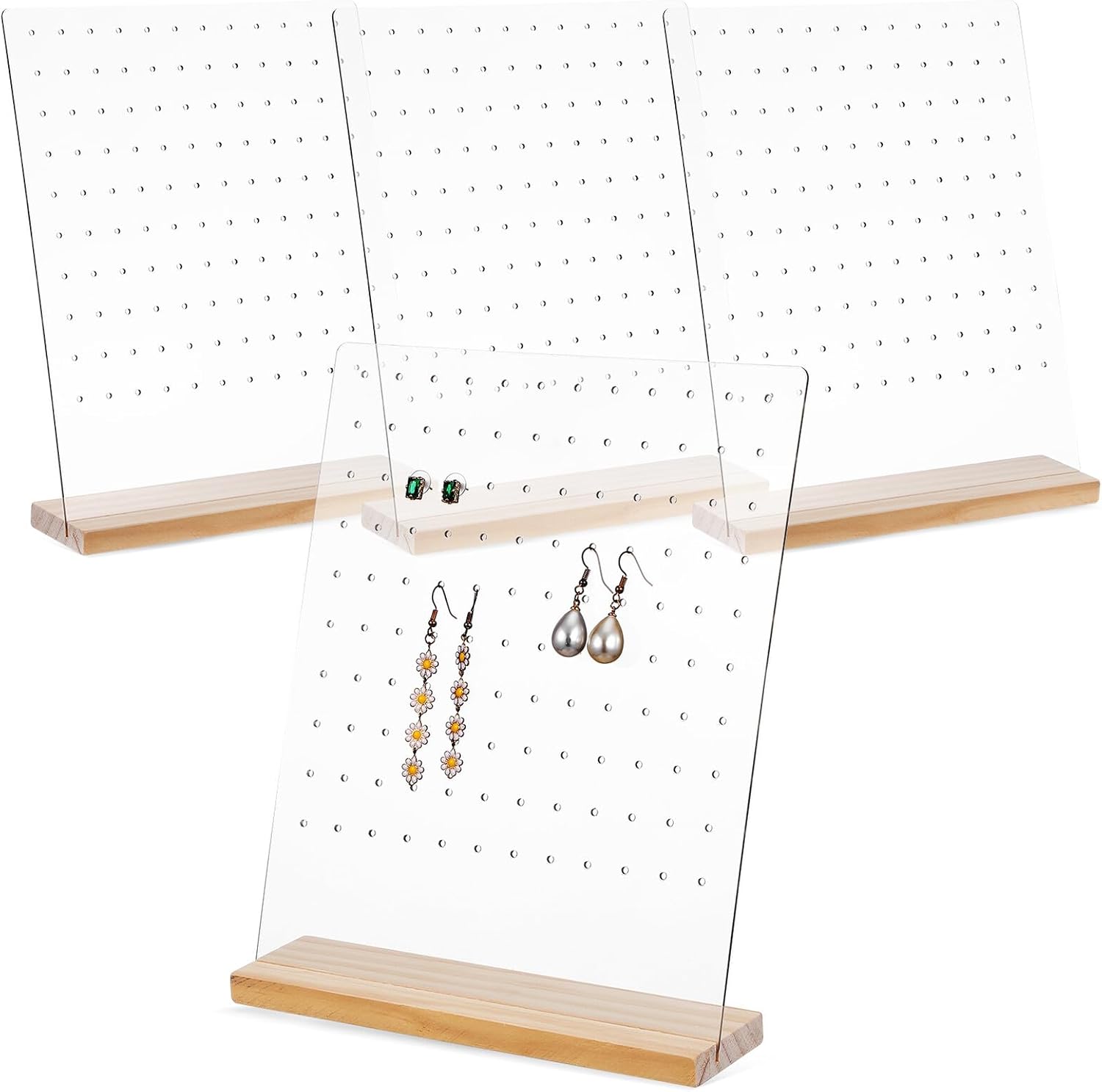 OUNONA 4pcs Acrylic Earring Holder with 120 Holes Detachable Wood Base Earring Display Stand Jewelry Organizer for Women Home Storage